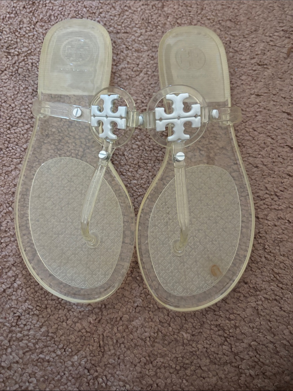 Tory Burch Clear Jelly Thong Sandals with White Logo Medallions